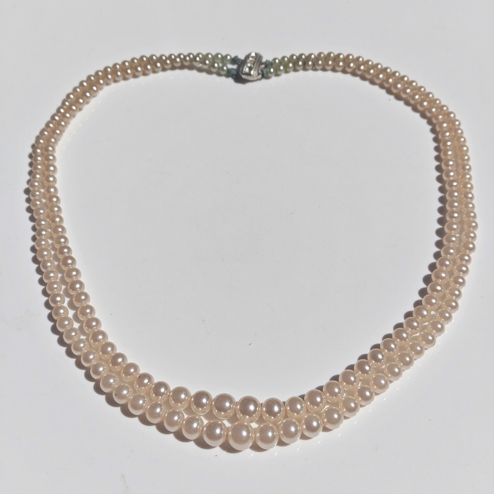 Vintage Deltah Double Strand Faux Pearl Necklace Rhinestone Box Clasp 16 Inch